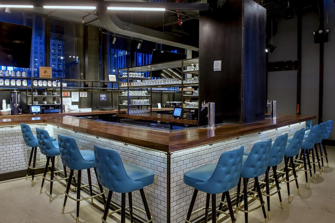 modern bar with tufted button bar stool