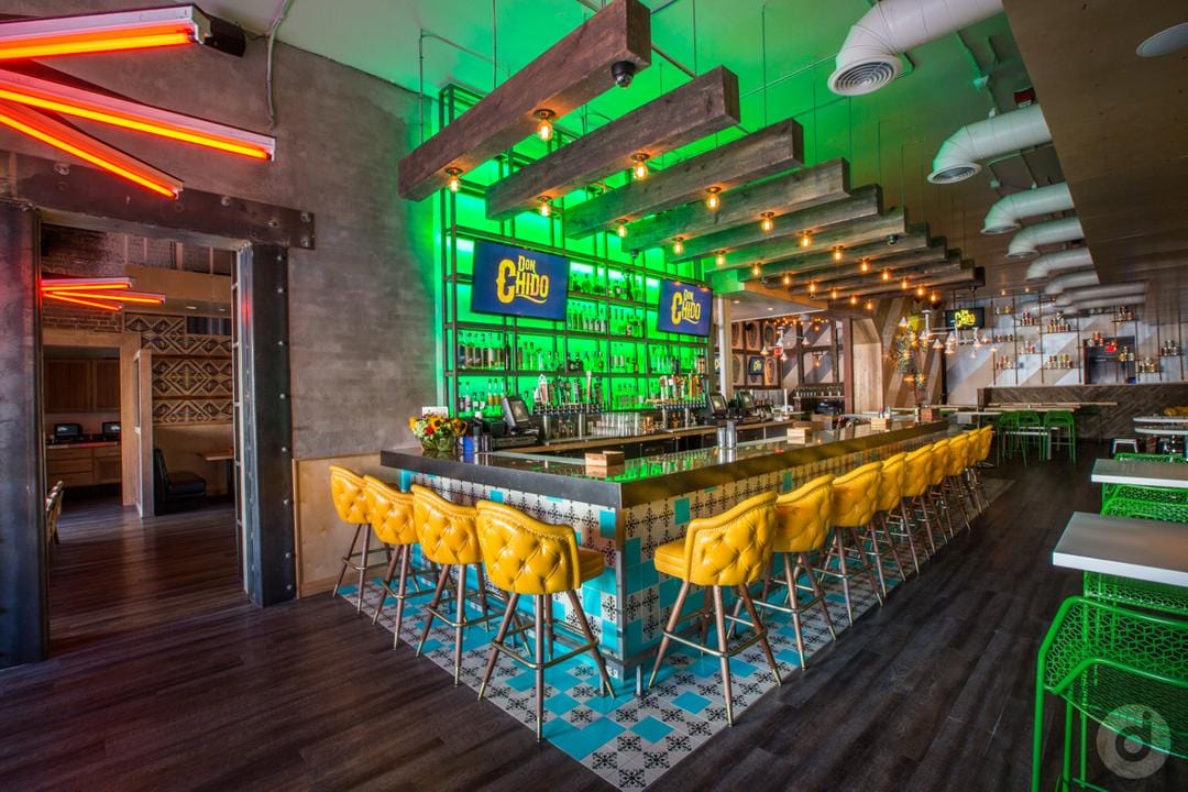 wide angle yellow classic bar stools in cool bar